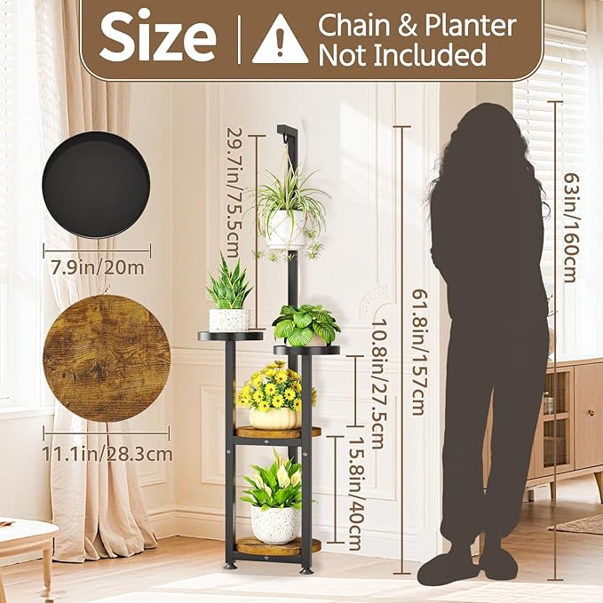 LASZOLA Black 4 Tier Tall Plant Stand Indoor with Hanging Ring, Large Heavy Duty Metal Vertical Corner Rack for Multiple Planter, Sturdy Wrought Iron Flower Shelf Holder Organizer for House Patio