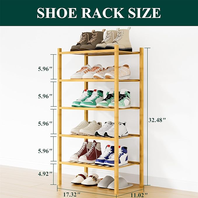 Smiry Shoe Rack, 5 Tier Small Bamboo Shoe Organizer, Stackable Free Standing Wooden Shoe Storage Shelf for Closet, Entryway, Front Door Entrance, Natural
