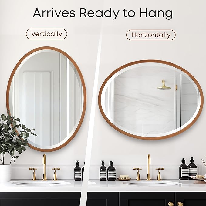 OVALCREST - Oval Wooden Beveled Wall Mirror for Home Decor, Bathroom, Vanity, Bedroom, Living Room, Hallway - London Style (Sunset Gold) 21.1 x 25.1
