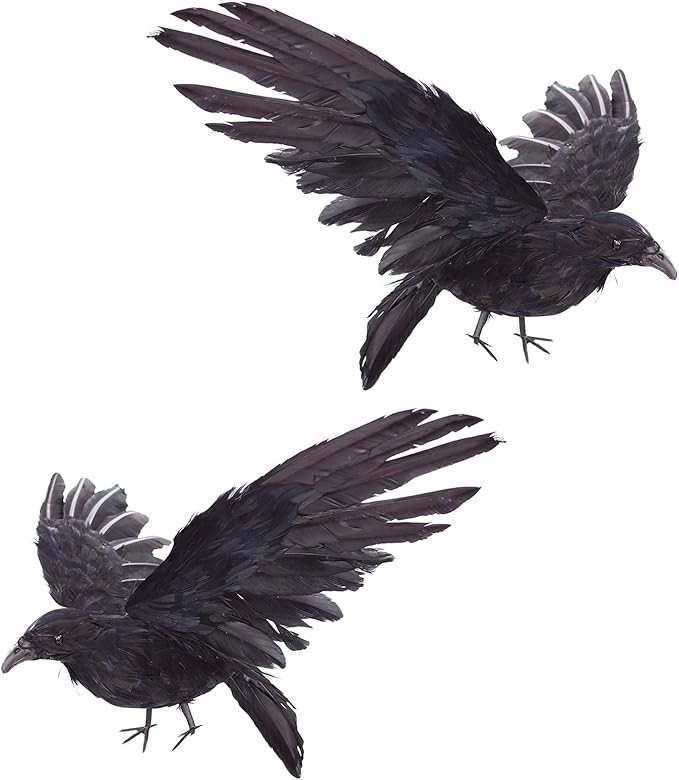 Etistta 2-Pack Realistic Crows Lifesize Extra Large Handmade Black Feathered Crow for Halloween Decorations Birds, XL (15 inch+15 inch)