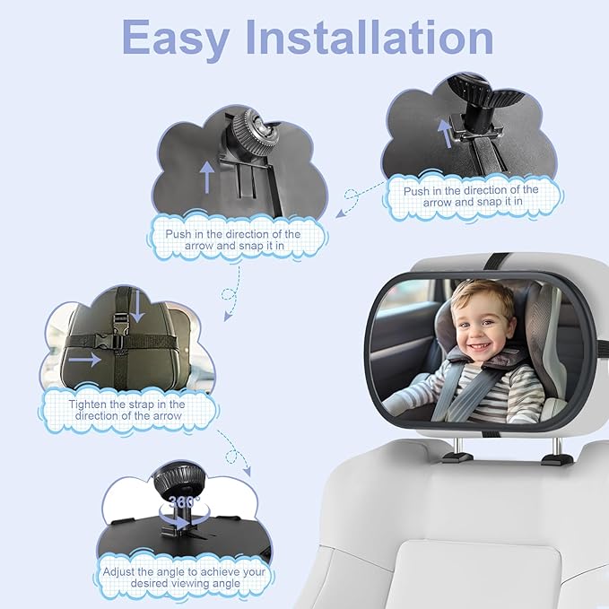 Baby Car Mirror for Backseat - Rear Facing Car Seat Mirror Safety for Infant Newborn - Easily Observe the Baby Move,Clear Wide View,360°Rotation, Secure, Shatterproof - Black