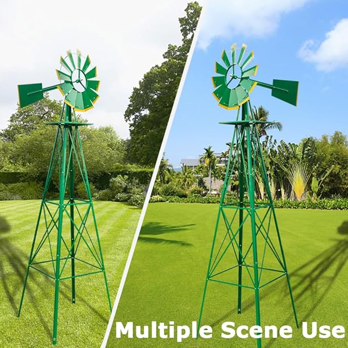 8FT Windmill for Yard Garden Decoration with Weather Vanes，Heavy Duty Outdoor Wind Mills, Large Metal Outdoor Windmill, Weather Resistant,Green