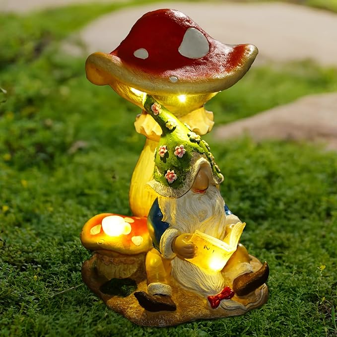 Solar Garden Outdoor Statues Gnome Reading Under Mushroom with 5 LED Solar Figurine for Lawn,Patio,Balcony,Yard Decor Unique Housewarming Gift for Grandfather, Father,Grandma,Wen
