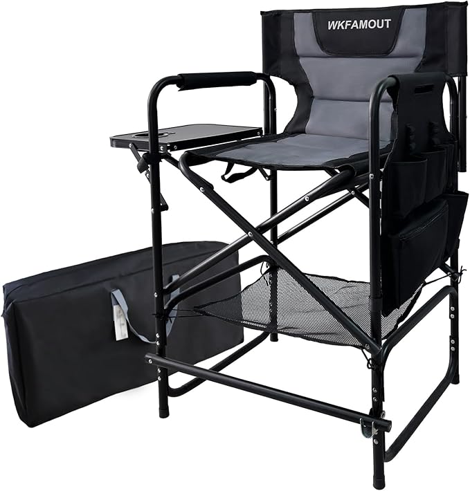 Tall Folding Directors Chair with Side Table 26.77" Seat Height Foldable Camping Chair Bar Stool for Makeup Artist Face Painting with Footrest and Storage Pocket Supports 350LBS