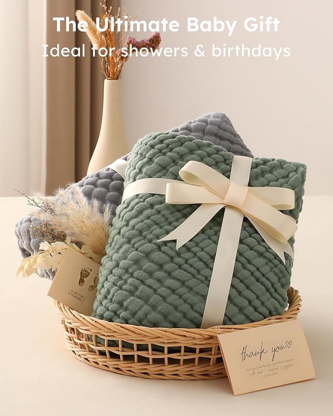 Yoofoss Hooded Baby Towels for Newborn 2 Pack 100% Muslin Organic Cotton Baby Bath Towel with Hood for Babies, Infant, Toddler and Kids,37.5"x37.5",Soft and Absorbent Newborn Essential,Grey&Dark Green