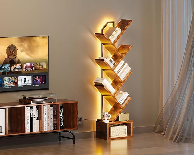 Casaottima 6-Tier Tree Bookshelf — Narrow Floor Standing Bookcase, Tall Steel & Wood Book Organizer Shelf with Cabinet, Home Decor for Living Room/Bedroom/Home Office, Vintage
