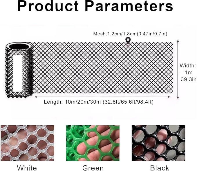 Plastic Chicken Wire Mesh Fencing 39.3″ x 32.8′ Roll Pet Garden Safety Fencing Netting Durable Heavy Duty Snow Fence for Poultry Floral Bird Patio Barrier, Easy to(Size:1x10M - Mesh 1.8cm,Color:White)