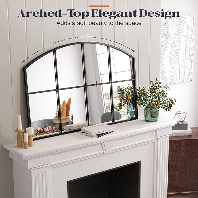 Wide Window Pane Mirror, 42" x 28" Black Arched Mirrors for Wall, Grid Wall Mirror Decorative Large Mirrors for Living Room Bedroom Farmhouse Fireplace Hallway Entryway