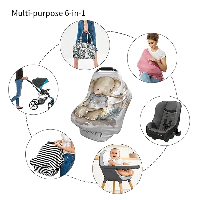 Personalized Elephant Baby Car Seat Cover with Name,Multi-Use Canopy for Nursing, Strollers,Shopping Carts,Customized Breastfeeding Cover, Full Privacy,Infant Stroller Cover