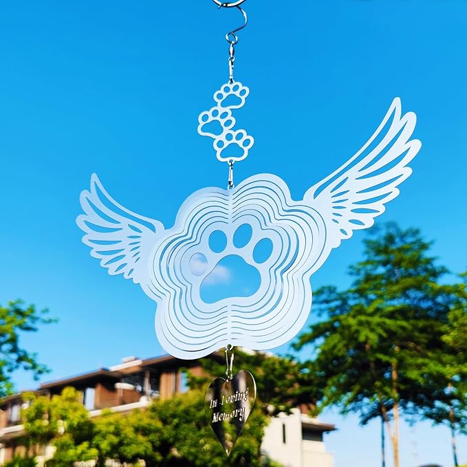 DJUAN Pet Memorial Wind Spinners, Dog Memorial Gifts,Stainless Steel Angel Wings Pet Paw Print,Dogs and Cats Remembrance, Pet Sympathy,Pet Loss Bereavement Gifts