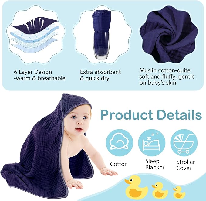 Peryiter 6 Pcs Muslin Hooded Baby Towels, 32"x 32" Cotton Newborn Bath Towel Muslin Infant Baby Blankets Absorbent Unisex Newborn Registry Gift Essentials for Girls Boys (Blue)
