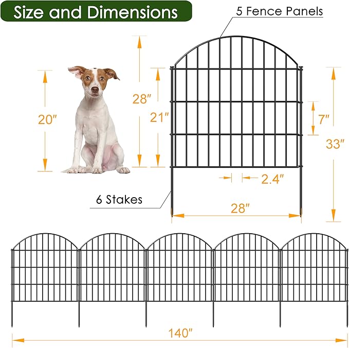 Metal Garden Fence 28in (H) x 11.7ft (L), 5 Panels + 6 Stakes Rustproof Border Fence Animal Barrier for Dog, No Dig Garden Fencing for Yard Flower Bed Patio Outdoor, CTW2828 Black