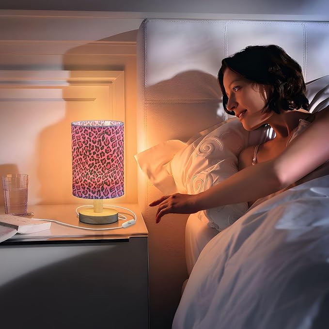 Bedside Table Lamp Pink Leopard Skin Nightstand Lamp with Wood Desk Lamps for Bedroom Living Room Nursery Office Home Decor