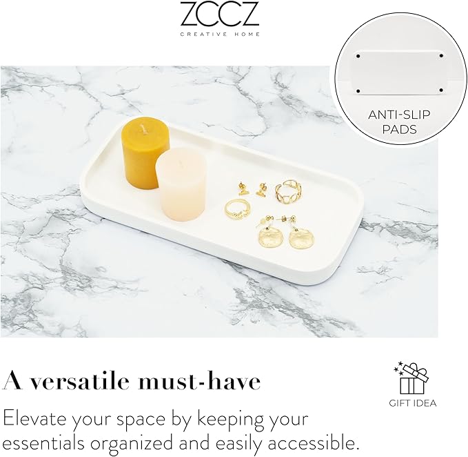 ZCCZ White Bathroom Accessories Set 6 Pieces - Toothbrush Holder, Lotion Dispenser, Qtip Container, Vanity Tray, Tumbler - Countertop Organizer for Bathrooms - Elegant and Functional Décor Set