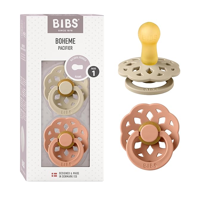 BIBS Pacifiers - Boheme Collection | BPA-Free Baby Pacifier | Made in Denmark | Set of 2 Vanilla/Peach Color Premium Soothers | Size 0-6 Months