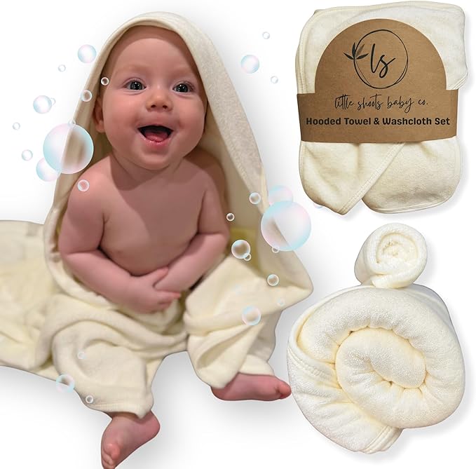 Baby Bath Towel with Hood and Washcloth Set, 100% Organic Rayon Made from Bamboo, Hypoallergenic, Silky Soft and Absorbent, Large Size of 35" x 35" & 10" x 10" Baby Essential, Lemon