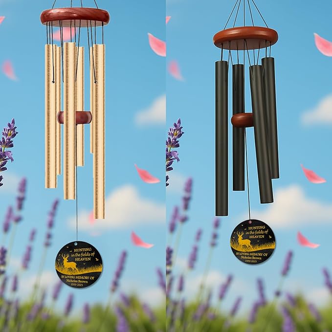 Personalized Hunting Memorial Wind Chime – “Hunting in The Fields of Heaven” Wind Chimes– Custom Name & Years – Outdoor Sympathy Gift for Hunters, Dad, or Grandpa – Memorial Garden Décor