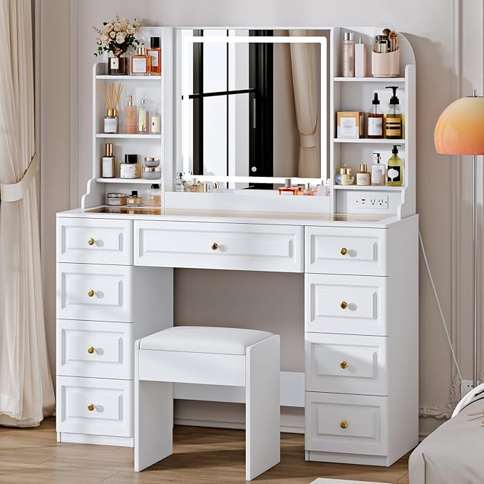42" Makeup Vanity Desk with Mirror and Lights, & Power Outl, Glass Top Big Vanity Table with 9 Drawers& 8 Storage Shelves, Dressing Table Set with Chair for Bedroom, White