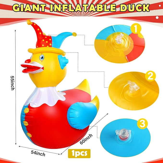 1Pcs 4.6 Feet Giant Inflatable Duck Outdoor Decorations,Huge Blow Up Yard Yellow Duck with Red Blue Clown Cloth Duck Pool Float for Summer Beach Pool Carnival Birthday Party Garden Decor