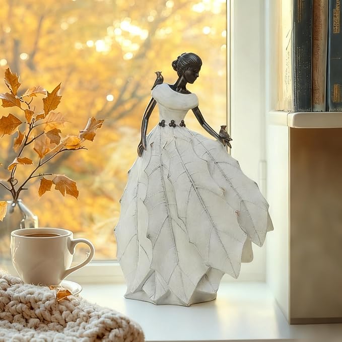 DiliComing Fairy Garden Accessories Outdoor Statue - 14.5 Inch Table Decor for Living Room Garden Maiden Bookshelf Decor Xmas Resin Holly Leaves Maiden White Statue