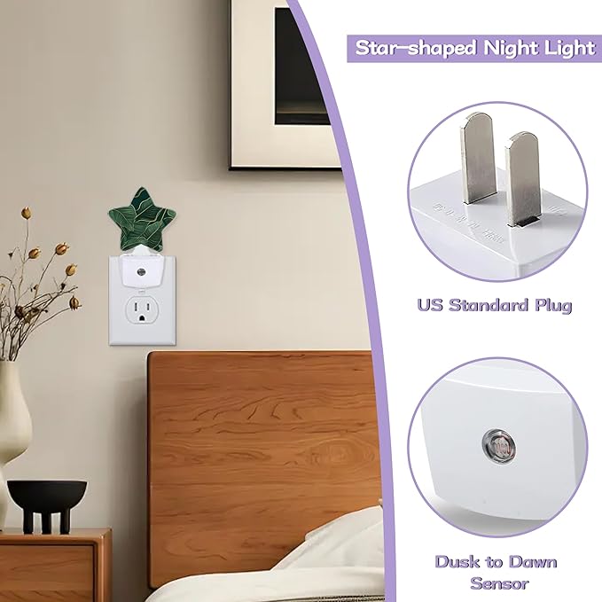 Gold Green Decorative Nightlight Plug in Wall,Tropic Leaves Star Shaped Night Light with Built in Sensor for Home Decor,Kitchen Hallway Stairs Desk Lamp