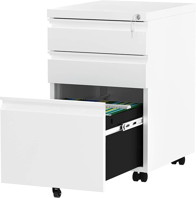 YITAHOME 3-Drawer Mobile File Cabinet with Lock, Office Storage Filing Cabinet for Legal/Letter Size, Pre-Assembled Metal File Cabinet Except Wheels Under Desk -White