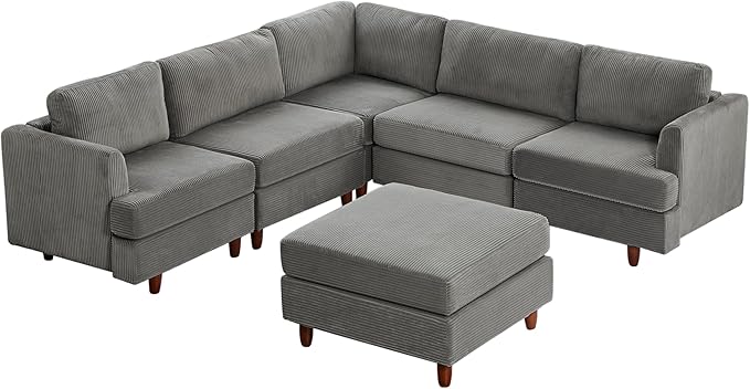 127.5" L/U-Shaped Sectional Couch with Movable Ottoman & 6 Removable Back Cushion, Corduroy Fabric Upholstered 6 Seat Modular Sleeper Sofa,DIY Free Combination Couches for Living Room,Grey