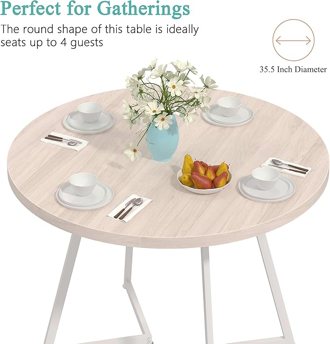 VECELO 35" Round Dining Table for 4, Wood-Grain Tabletop & Heavy-Duty Steel Frame, for Kitchen, Living Room, Easy Assembly, Natural & White