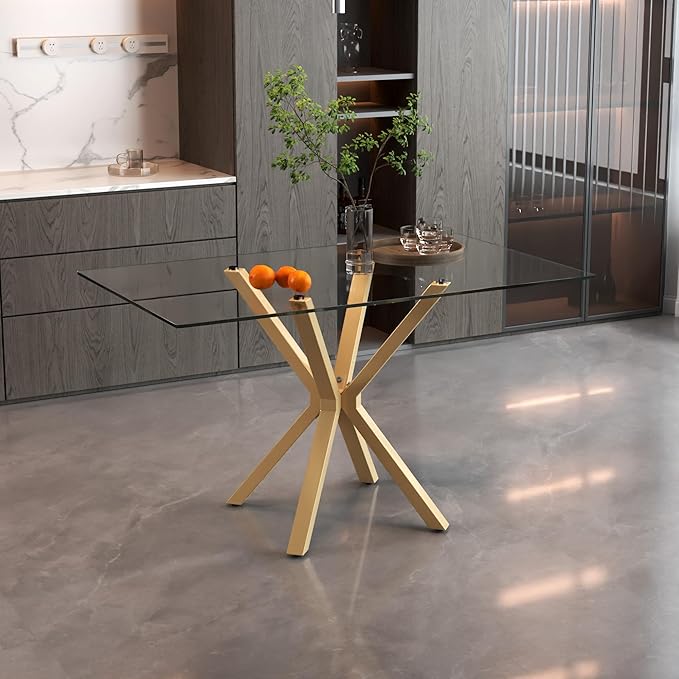 Tempered Glass Dining Table for 4, 48 Inch Rectangular Kitchen Table with Gold Metal Legs Modern Style Dinner Table for Dining Room Kitchen