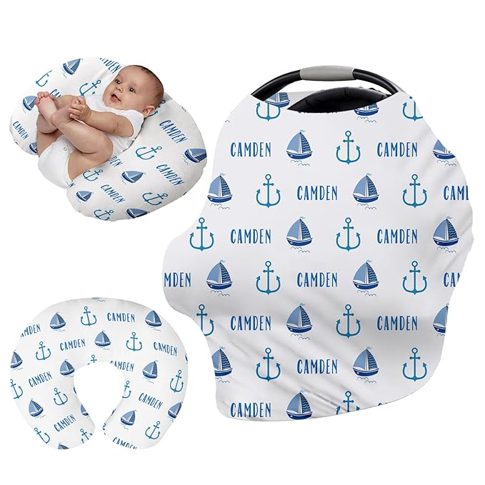Personalised Infant Car Seat for New Parents - Baby Carseat Cover, Breast Feeding Cover, Blue Sailboat Pattern Multi-Function pad for Boys Girls Toddlers - Christmas Gift for Parent Babies(27"x29")