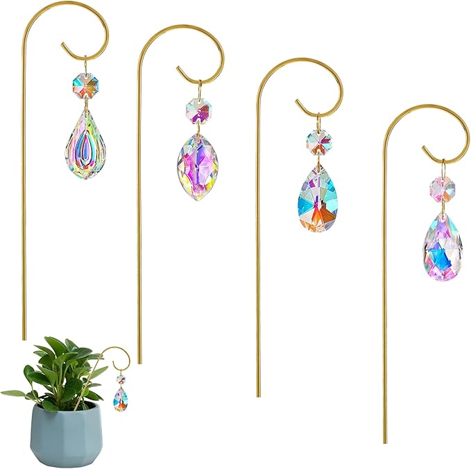 HDCRYSTALGIFTS 4PCS Small Trellis for Mini Potted Plants Indoor Decorations with Crystal Prisms Sun Catchers, 7.5inch Metal Plant Stakes Suncatchers for Fairy Garden Rainbow Crystals