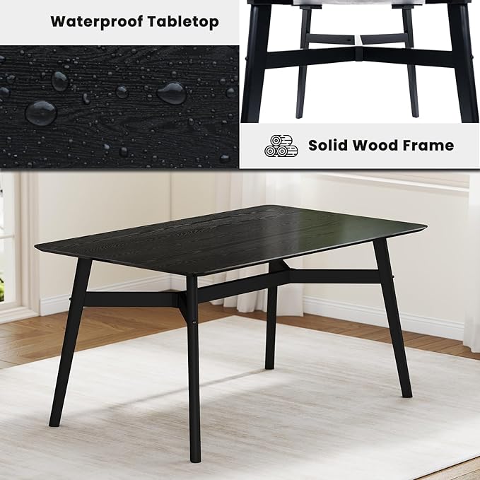 VESCASA 59" L Wood Rectangle Dining Table for 4, Rectangle Kitchen Table for 6 with 4 Solid Wood Legs for Dining Room, Kitchen, Restaurant, Black