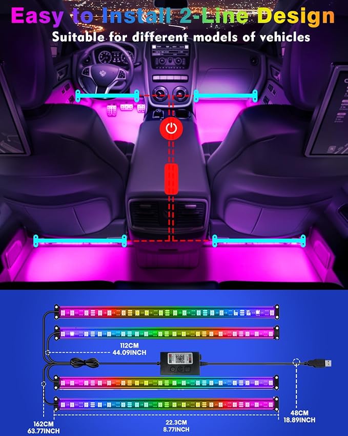 Car Led Strip Lights, RGB Truck Interior Lights with App Control, Under Dash Footwell Automotive Led Light Strip, Car Ambient Lighting (1set)