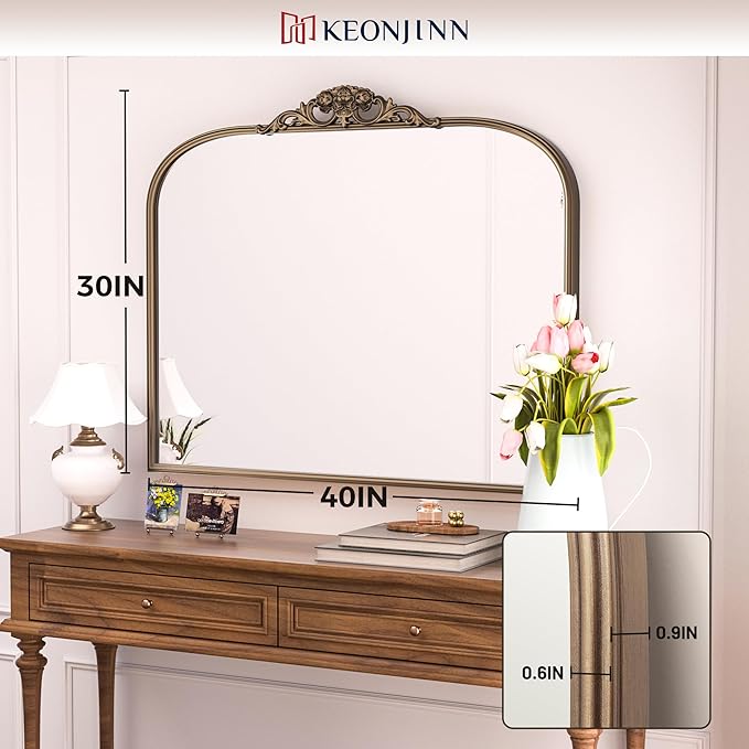 Keonjinn Vintage Gold Mirror, 40" x 30" Large Arched Mirrors with Metal Frame for Wall, Brass Baroque Mirror, Ornate Decorative Mirror for Mantle, Bathroom, French Cleat Mounting