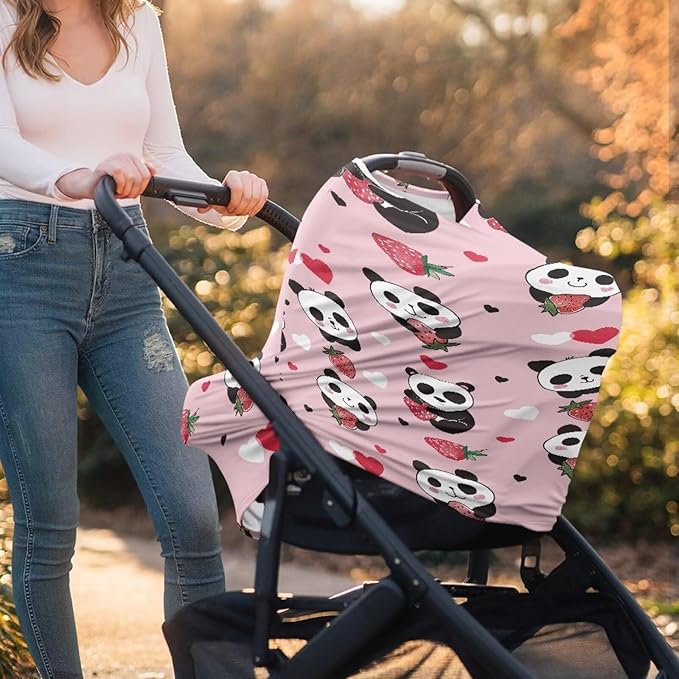 Forchrinse Cute Panda Strawberry Baby Car Seat Covers for Newborns,Soft and Stretchy Nursing Covers for Breastfeeding Mom