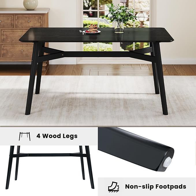 VESCASA 59" L Wood Rectangle Dining Table for 4, Rectangle Kitchen Table for 6 with 4 Solid Wood Legs for Dining Room, Kitchen, Restaurant, Black