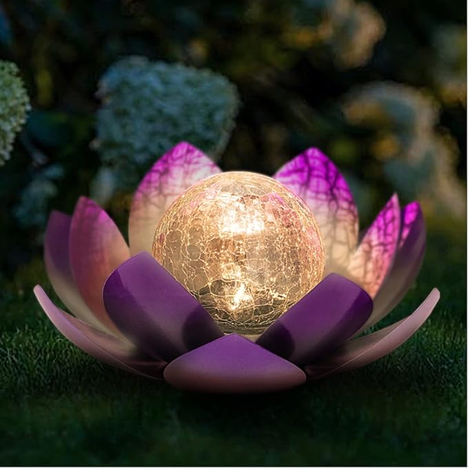 Huaxu Solar Lights Outdoor Decor Purple Lotus Waterproof LED Crackle Globe Glass Metal Flower Decorations for Garden Patio Yard Porch Pathway Ground Tabletop