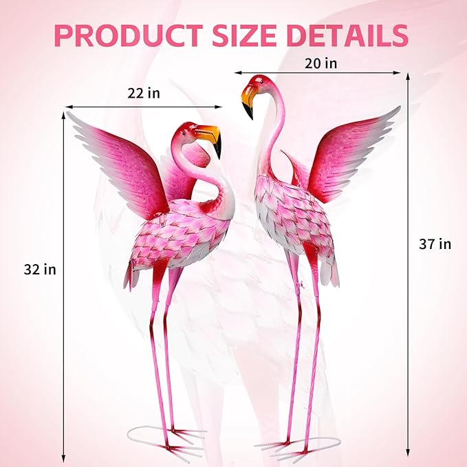 WONDER GARDEN Pink Flamingo Statue-Garden Statues for Outside - 2 Pack Flamingos Sculptures Statue, Metal Birds Yard Art for Pond, Patio, Outdoor, Porch Decor