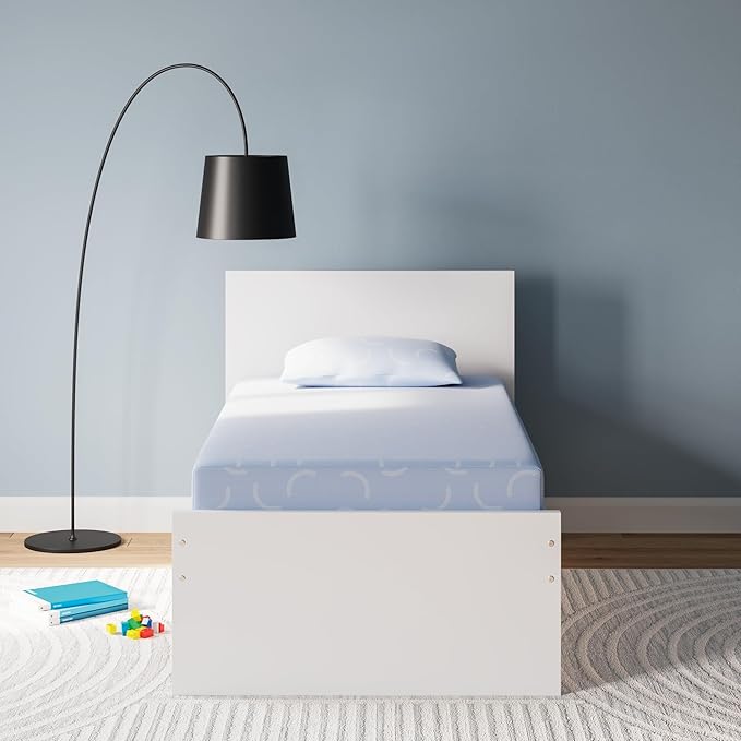 Signature Design by Ashley Twin Size iKidz 7 Inch Firm Gel Memory Foam Mattress with Stretch Knit Cover & Pillow Included, Blue Ocean, Fiberglass Free, Mattress in A Box