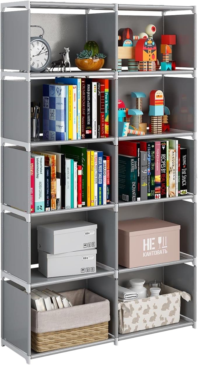 JIUYOTREE 6-Tiers Portable Bookshelf with Fabric Cloth at Back, 10 Cube Closet Storage Organizer Bookcase, Living Room,Study Room,Bedroom, Grey