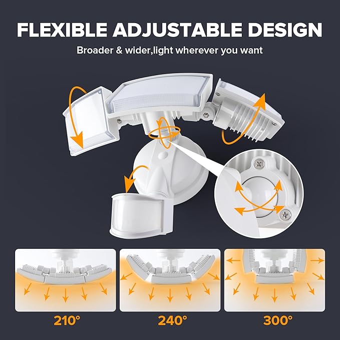 UME 2 Pack 5500LM LED Security Lights Motion Sensor Light Outdoor, 49W, 5000K Daylight, IP65 Waterproof, Dusk to Dawn, 3 Head Motion Detected Flood Light for Garage, Yard, Porch (White)
