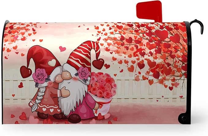 Valentines Gnomes Mailbox Cover Large Size 25.5 X 21 Love Hearts Rose Magnetic Mailbox Covers Red Valentine's Letter Box Cover Wraps Oversized for Garden Yard