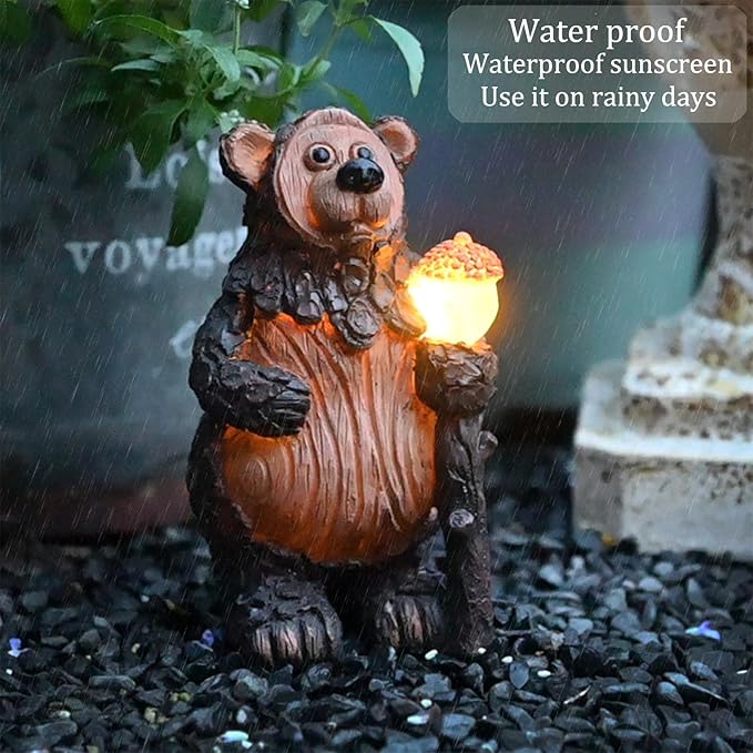 Bear Garden Figurines Outdoor Decor Solar Statue with LED Lights for Patio Lawn Yard Art Decoration Housewarming Garden Gift