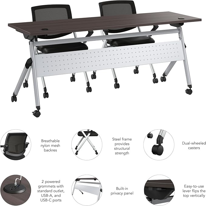 Bush Business Furniture Folding Training Table Set for 2, 72 inch Desk with Powered Grommets and 2 Chairs with Arms, Commercial-Grade Bundle for Office or Classroom, Envision Collection, Gray