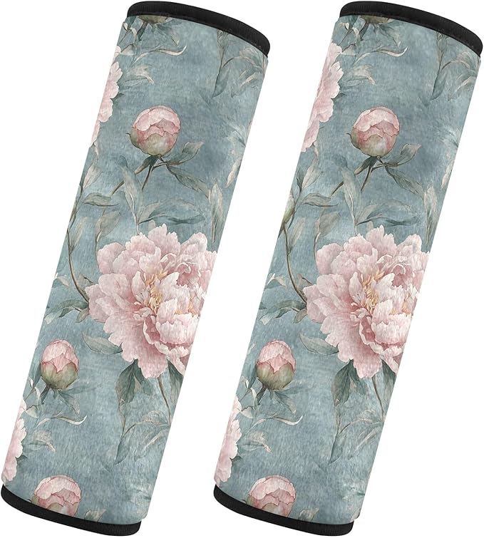 CHIFIGNO Pack of 2 Car Seat Belt Covers Pink Peonies Blue Leaves Seatbelt Cushion Fashion Shoulder Strap Cushion Protect Your Neck and Shoulder