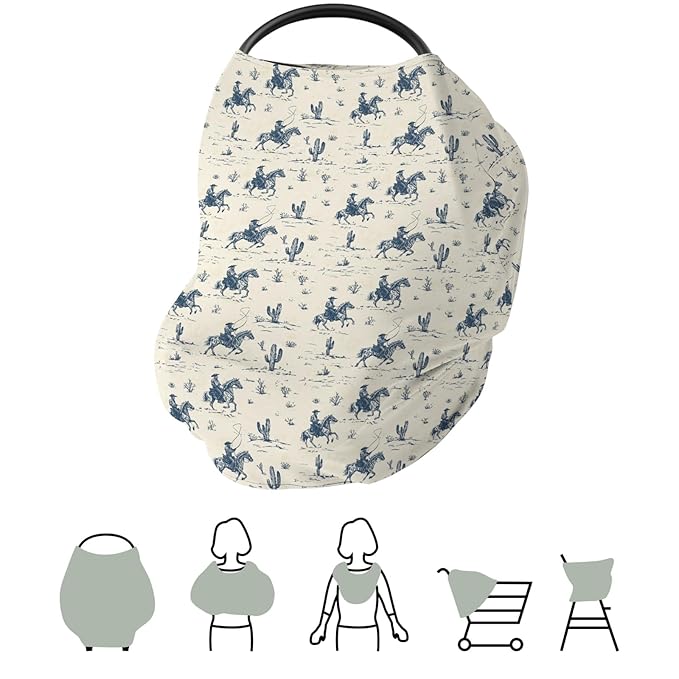 Vintage Western Cowboy Baby Car Seat Covers Retro Cowboy Cactus Horse Stretchy 5-in-1 Cover Adjustable Infant Carseat Canopy Cover Wild Desert Country Breathable Nursing Cover-Up