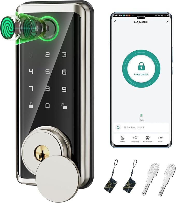 Sophia Keyless Entry Door Lock, Smart Auto Locks for Front Door & Key Fobs & Remote Control, Keypad Deadbolt Digital, Fingerprint Door Lock with Code, Cerraduras Inteligentes, IP68, Satin Nickel