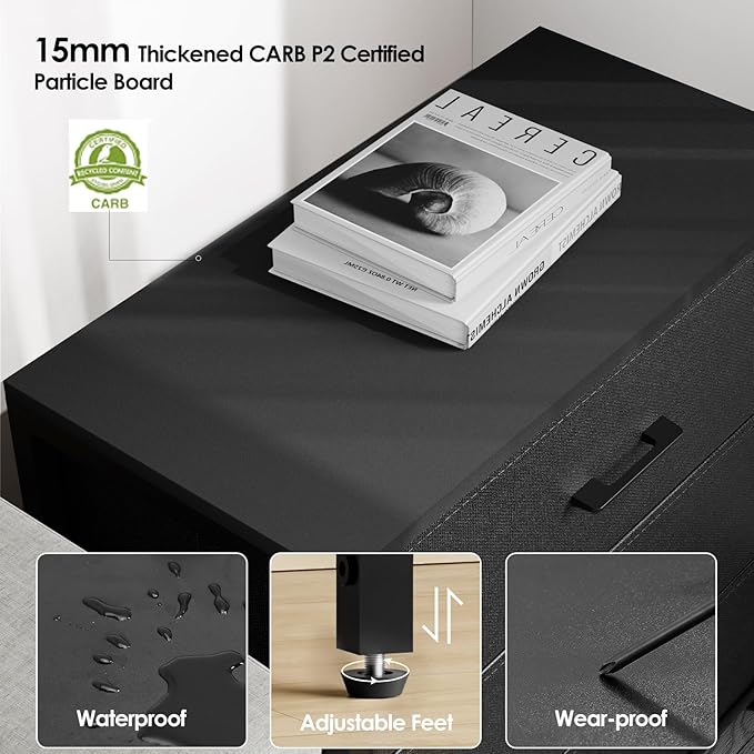 Nightstand with 3 Drawers for Bedroom, Storage Dresser with Fabric Drawers and Metal Frame for Closet, Living Room, Bedside Table with Wood Top, Easy Pull Handle, Black