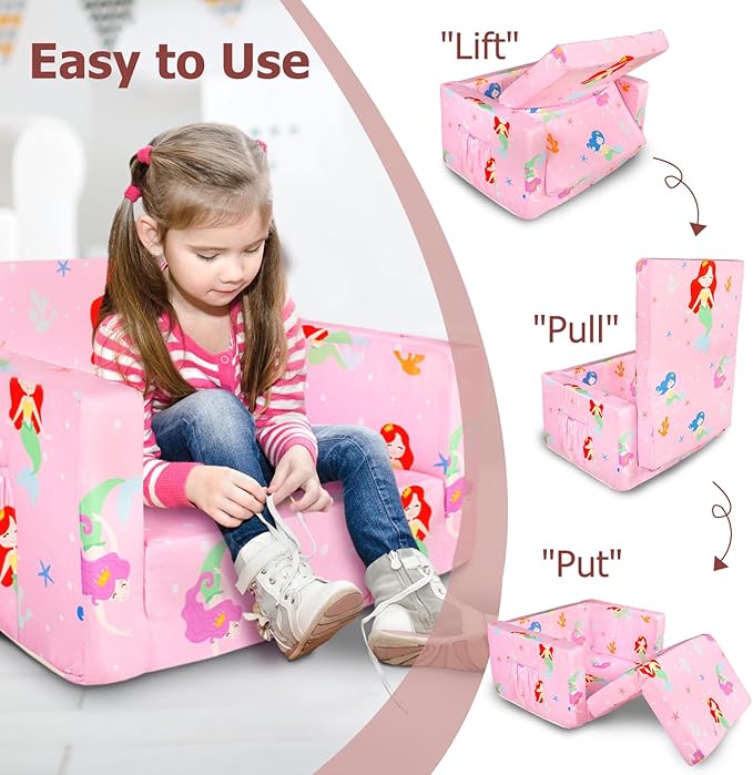Kids Couch, 2-in-1 Kids Fold Out Sofa, Convertible Toddler Couch to Lounger for Girls and Boys, Soft Toddler Chairs Comfy 1-3 Years Old(Mermaid)