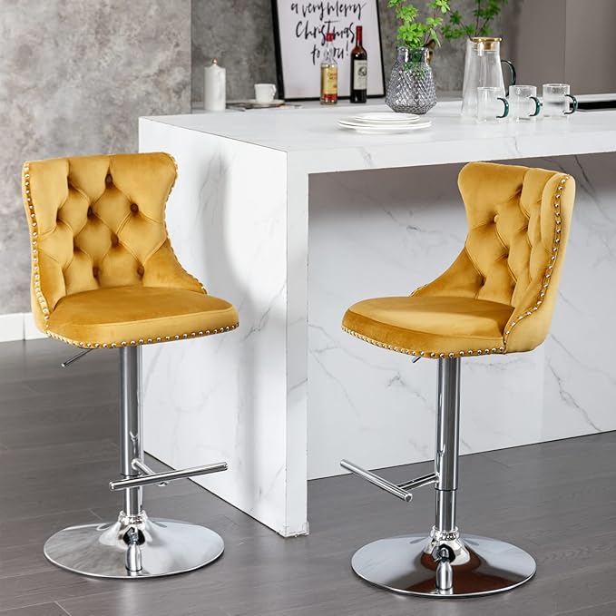 PacknWood Acosure Swivel Velvet Bar Stools Adjusatble Seat Height from 25-33" with Backs Comfortable Tufted,Modern Upholstered Chrome Base BarChairs for Home Pub Kitchen,Gold,Set of 2